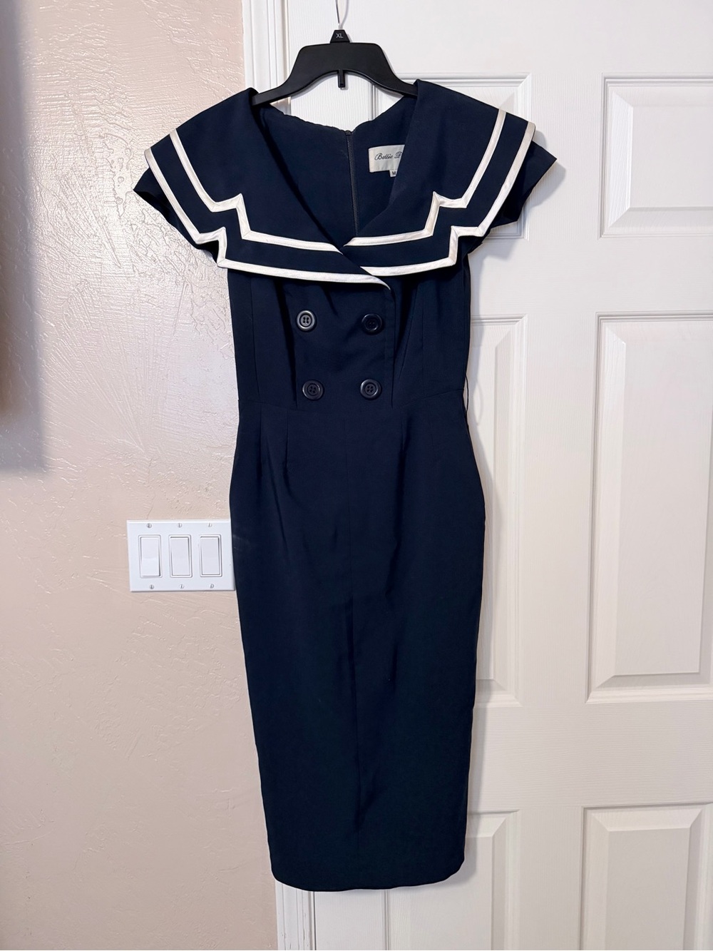 Authentic Bettie Page Navy Sailor Pencil Dress with White Nautical Trim
